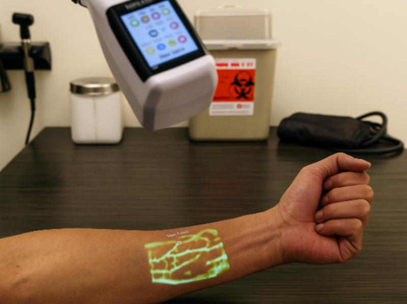 Hand with a green vein pattern on an arm